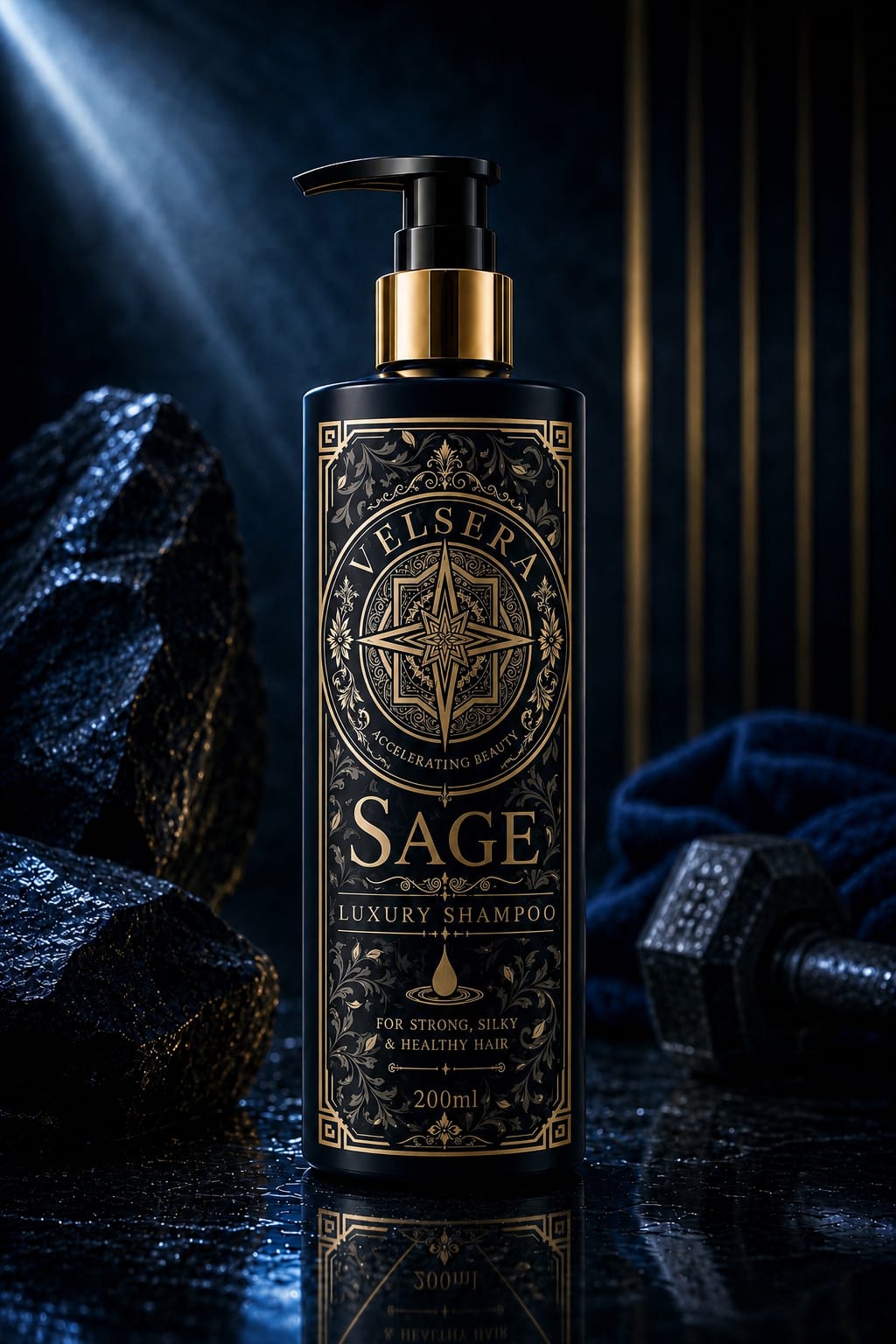 NINELUXE SAGE Luxury Shampoo in a deep blue and gold setting