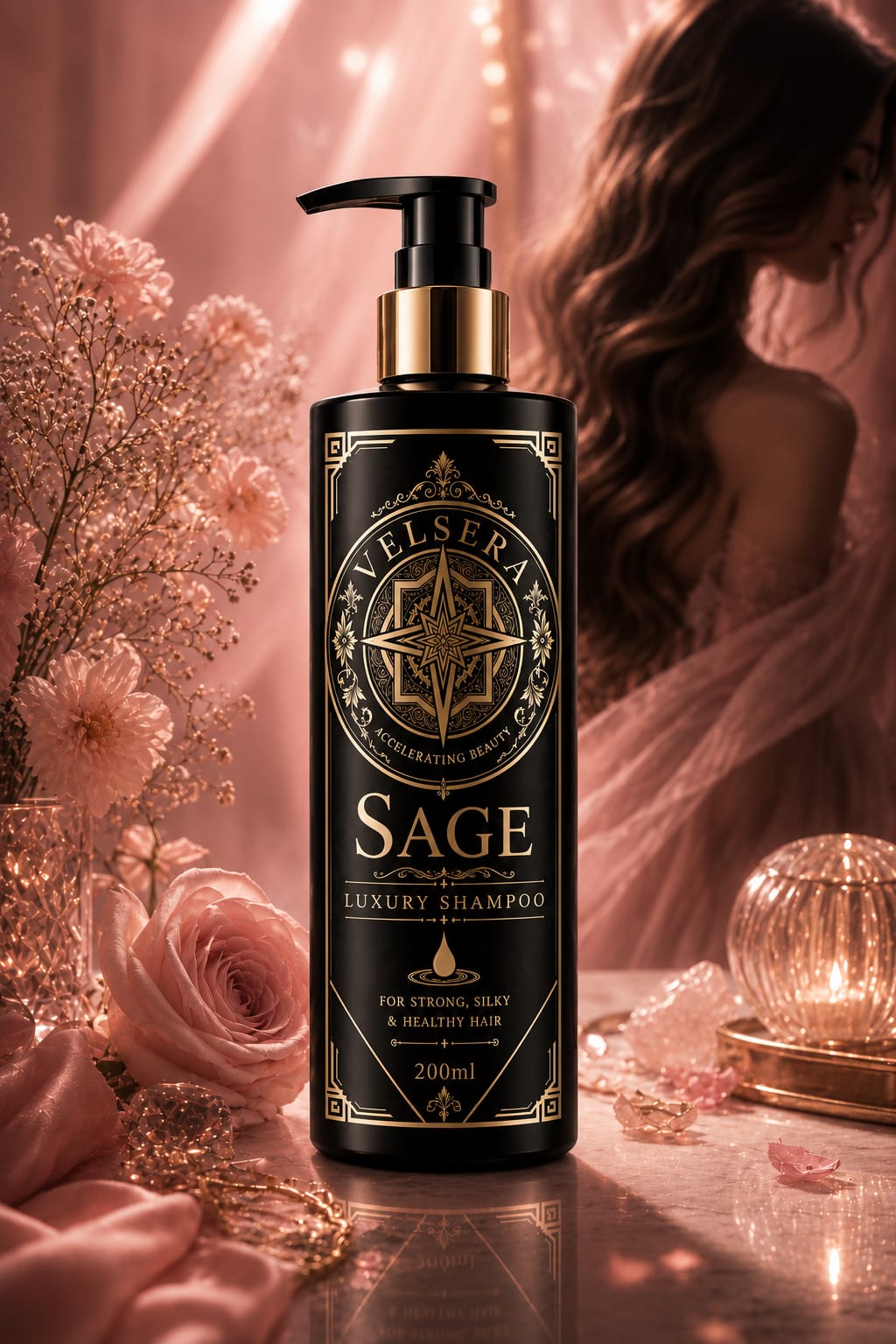 NINELUXE SAGE Luxury Shampoo in a soft rose and gold setting